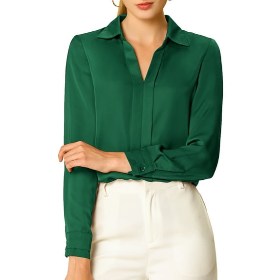 INSPIRE CHIC Women's Elegant Shirts V Neck Point Collar Long Sleeve Smooth Satin Blouse XL Green