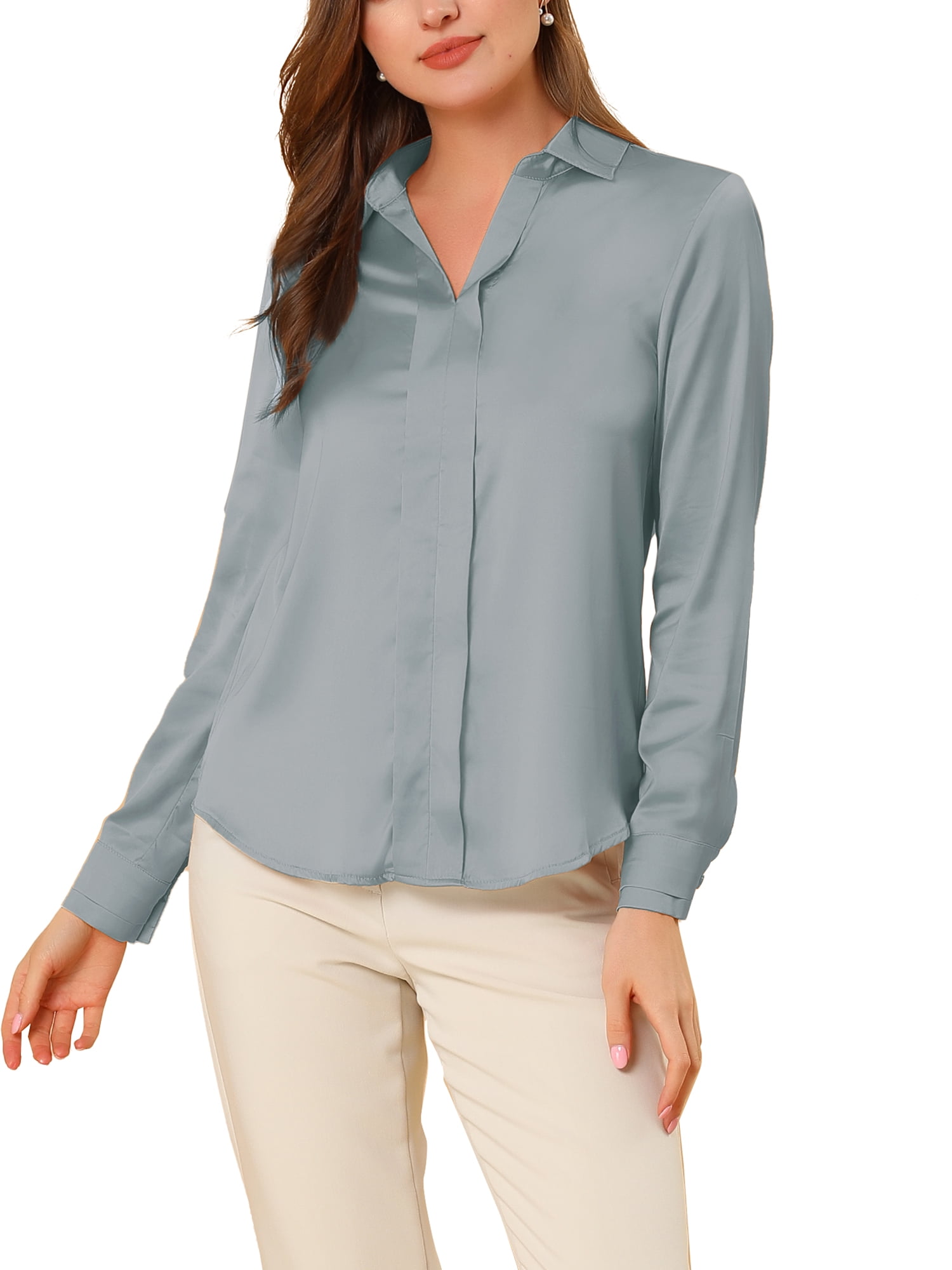 INSPIRE CHIC Women's Elegant Shirts V Neck Point Collar Long Sleeve ...