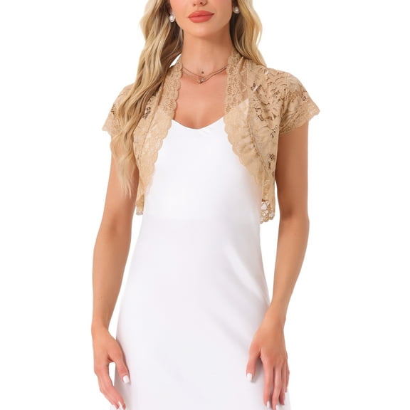INSPIRE CHIC Women's Lace Cardigan Open Front Elegant Short Sleeve Sheer Floral Cropped Bolero Lace Shrug Top M Khaki