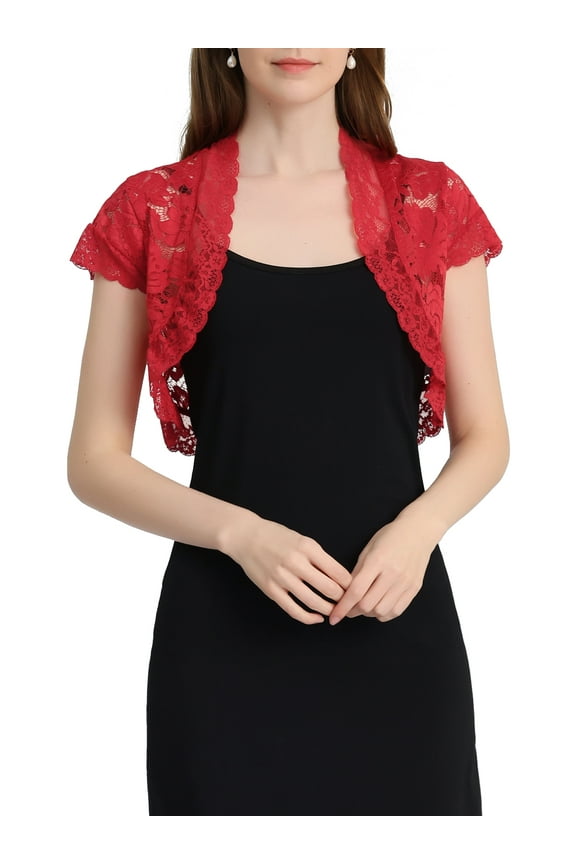 Women's Lace Cardigan Open Front Elegant Short Sleeve Sheer Floral Cropped Bolero Lace Shrug Top S Red