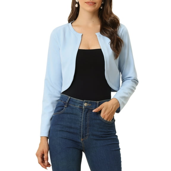 INSPIRE CHIC Women's Cropped Bolero Shrug Long Sleeve Crew Neck Lightweight Knit Cardigan L Light Blue