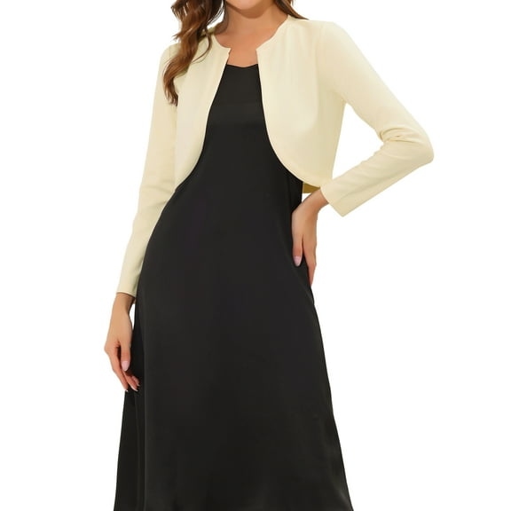 INSPIRE CHIC Women's Cropped Bolero Shrug Long Sleeve Crew Neck Lightweight Knit Cardigan S Beige