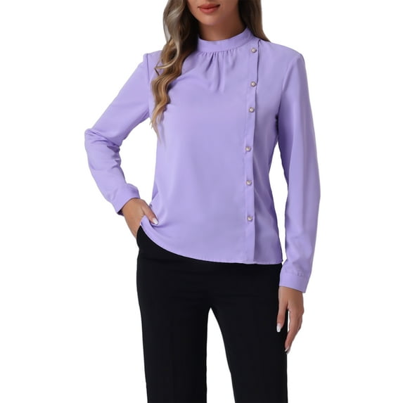 INSPIRE CHIC Women's Elegant Stand Collar Work Office Long Sleeve Blouse Shirts