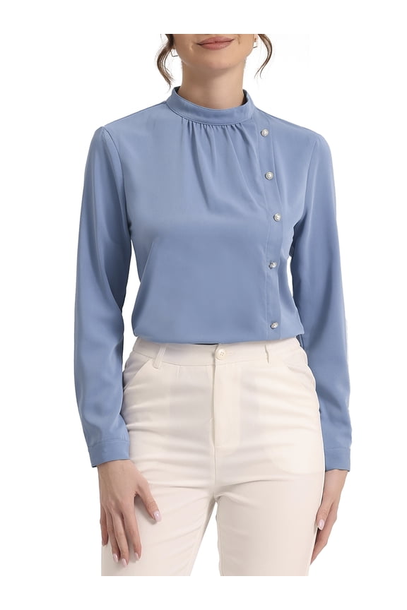 Women's Elegant Stand Collar Work Office Long Sleeve Blouse Shirts L Blue Gray