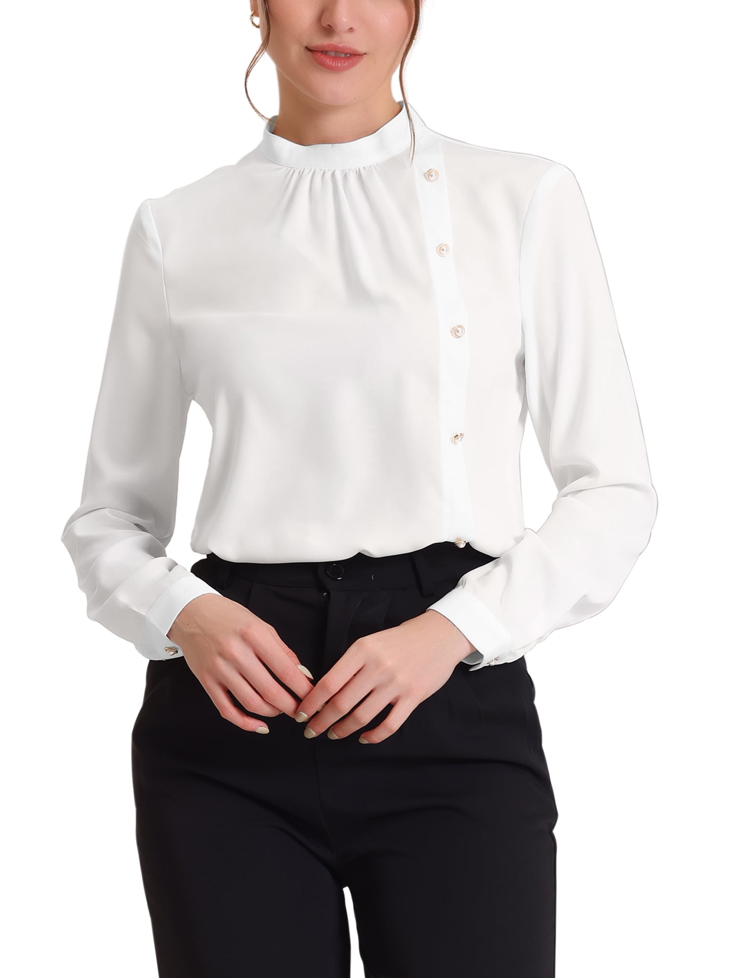 Allegra K Women's Elegant Stand Collar Work Office Long