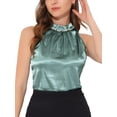 thumbnail image 1 of INSPIRE CHIC Women's Elegant Summer Pleated Mock Neck Tops Sleeveless Halter Tank Satin Blouse M Pea Green, 1 of 6