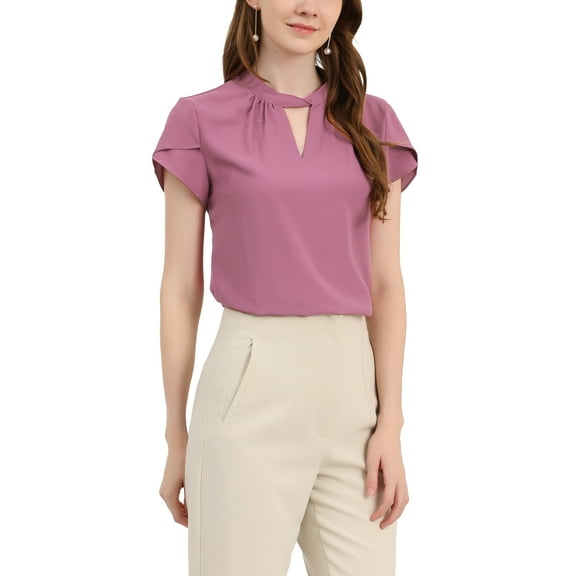 INSPIRE CHIC Women's Elegant Tulip Short Sleeve Choker Neck Keyhole Back Work Blouse L Purple Orchid