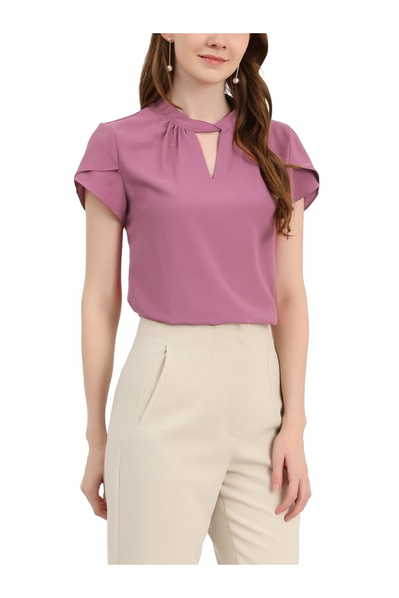 Women's Elegant Tulip Short Sleeve Choker Neck Keyhole Back Work Blouse XS Purple Orchid