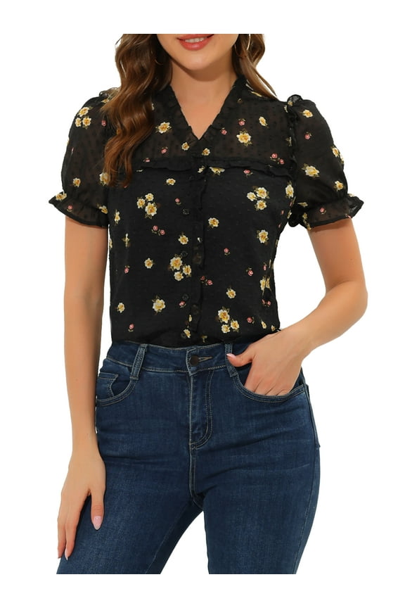 Women's Elegant V Neck Button Front Floral Casual Shirt M Black