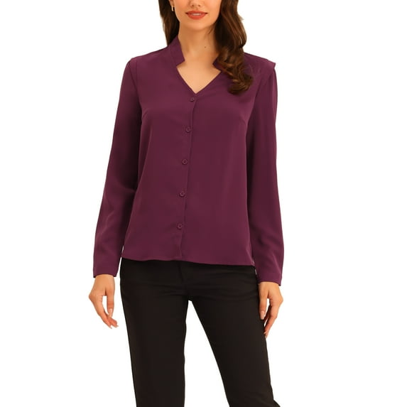 INSPIRE CHIC Women's Elegant V Neck Long Sleeves Button Down Shirt XL Purplish Red