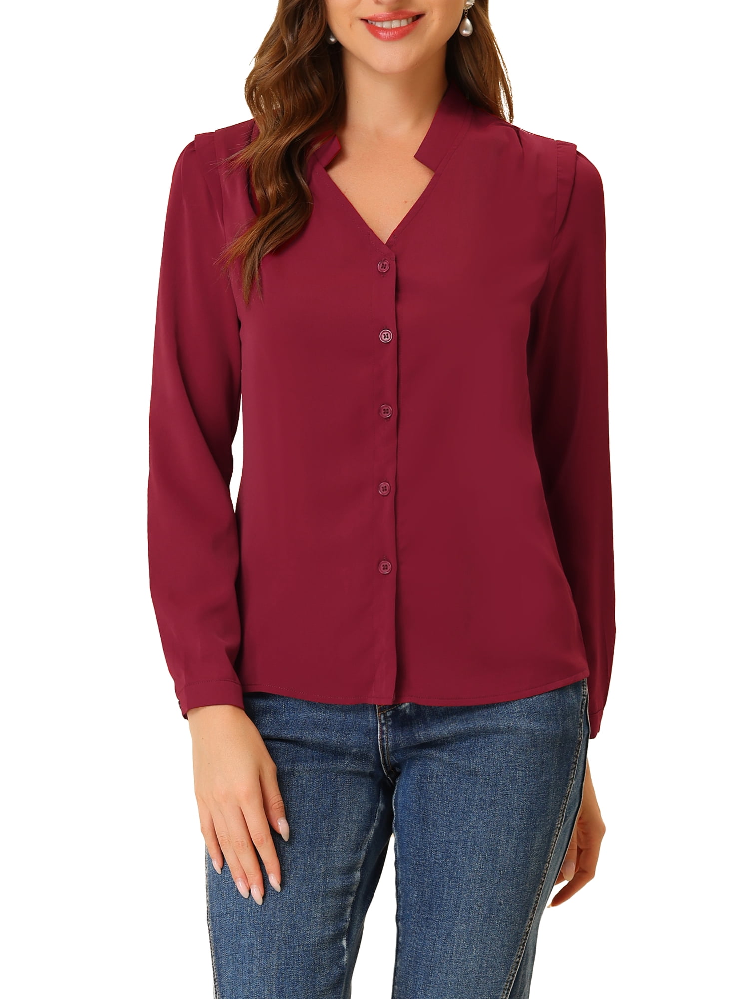 INSPIRE CHIC Women's Elegant V Neck Long Sleeves Button Down Shirt XS ...