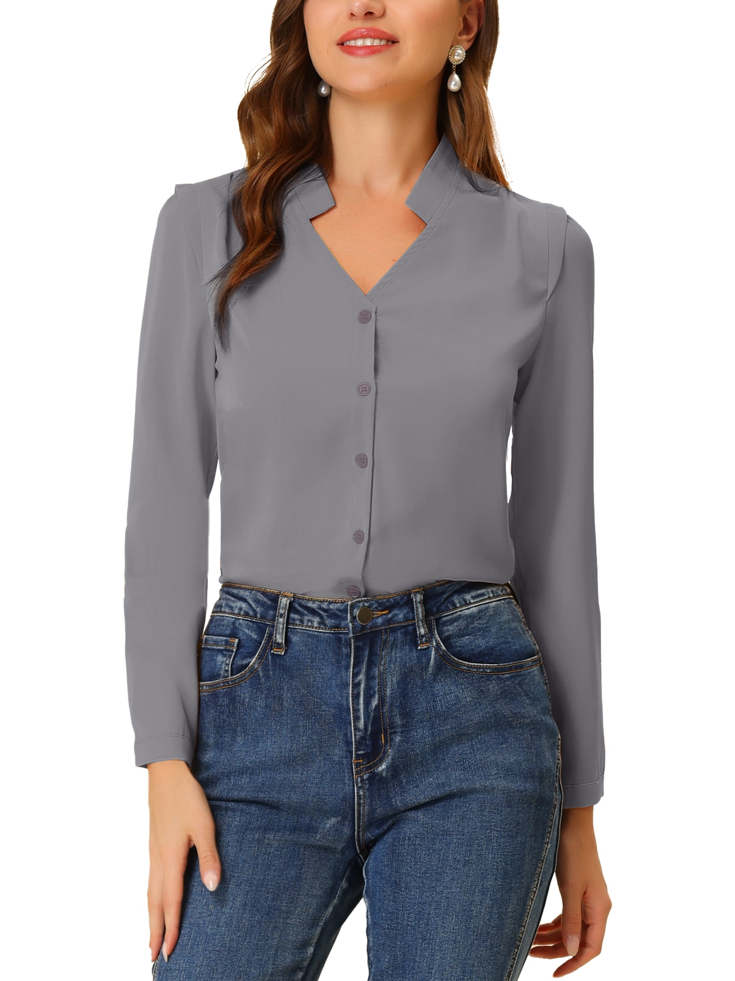 INSPIRE CHIC Women's Elegant V Neck Long Sleeves Button Down Shirt S ...