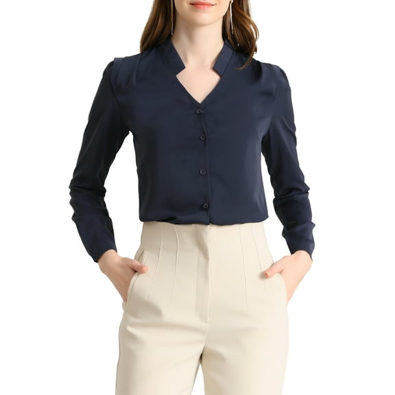 INSPIRE CHIC Women's Elegant V Neck Long Sleeves Button Down Shirt L Navy Blue