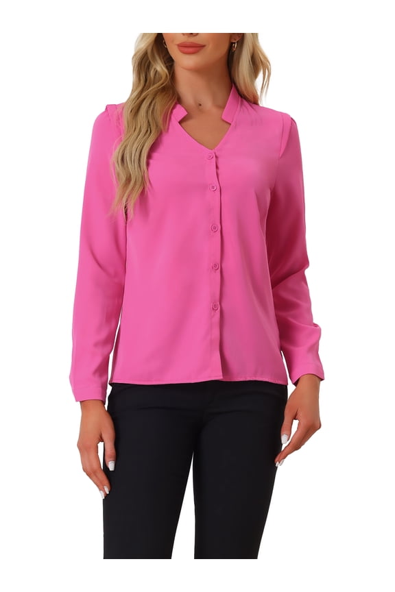 Women's Elegant V Neck Long Sleeves Button Down Shirt XS Fuchsia