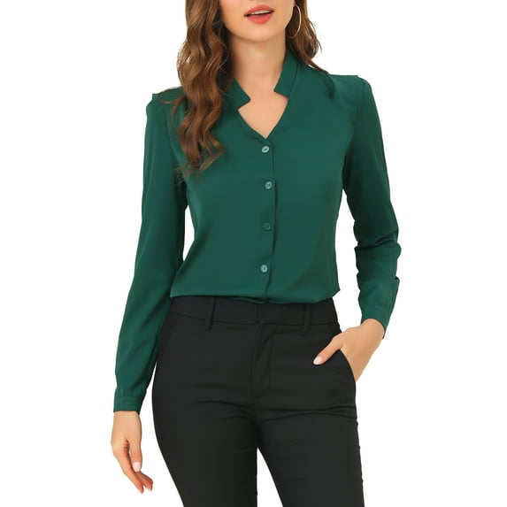 INSPIRE CHIC Women's Elegant V Neck Long Sleeves Button Down Shirt XL Green