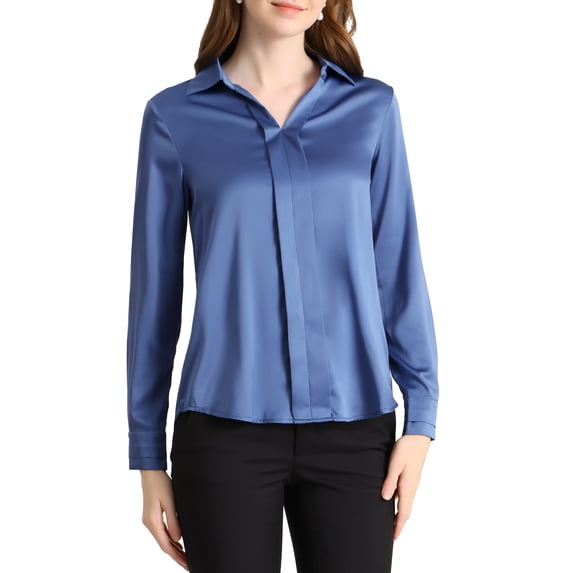 Allegra K Women's Elegant V Neck Point Collar Long Sleeve Smooth Satin Blouse