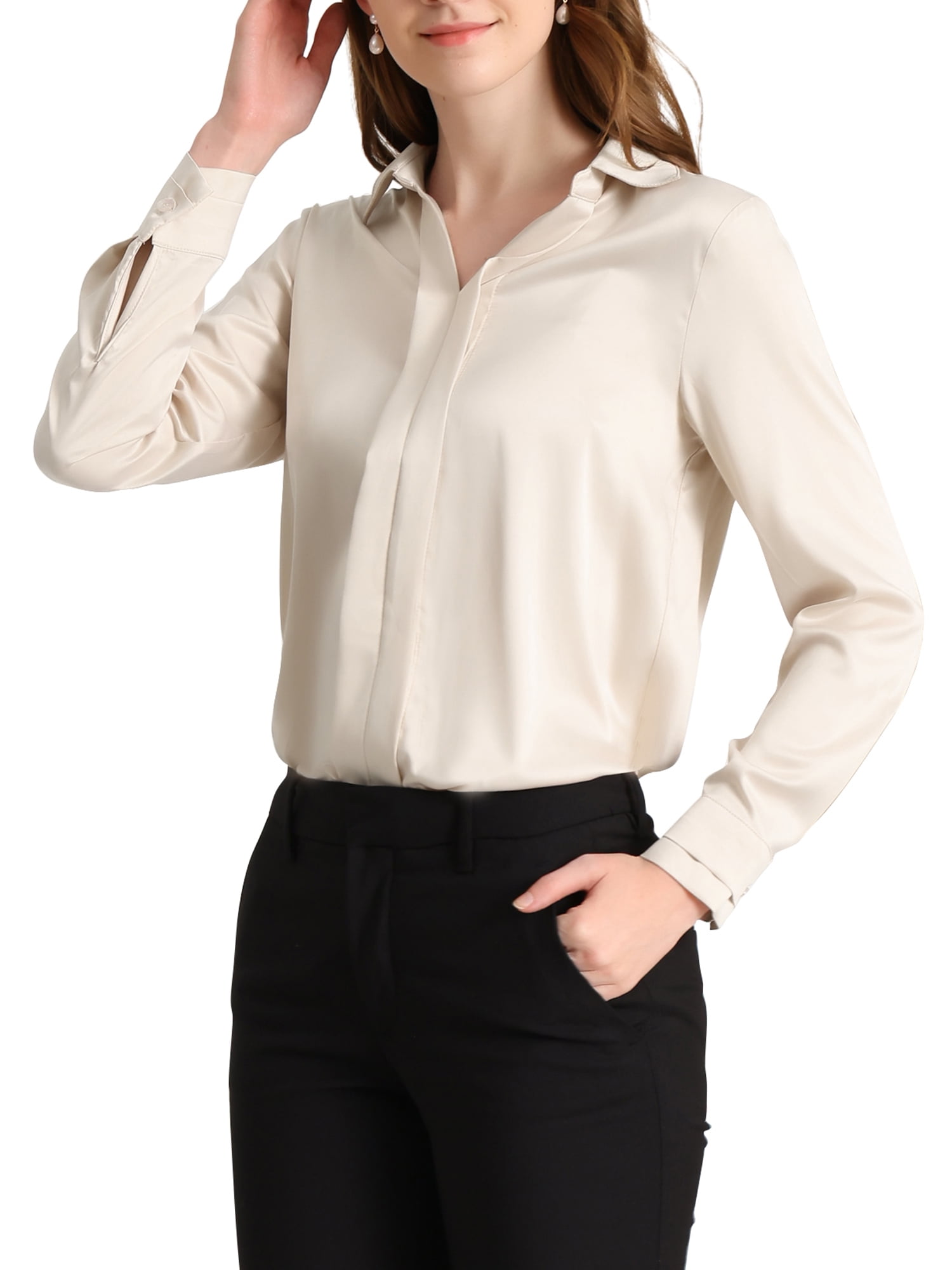 Allegra K Women's Elegant Shirts V Neck Point Collar Long Sleeve Smooth ...