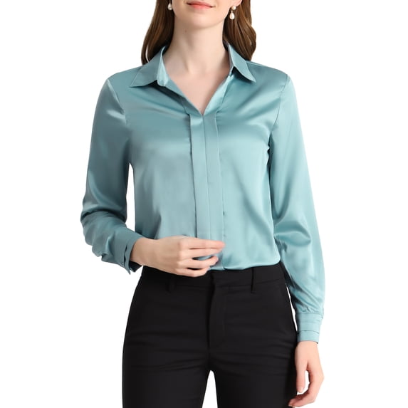 Allegra K Women's Elegant V Neck Point Collar Long Sleeve Smooth Satin Blouse
