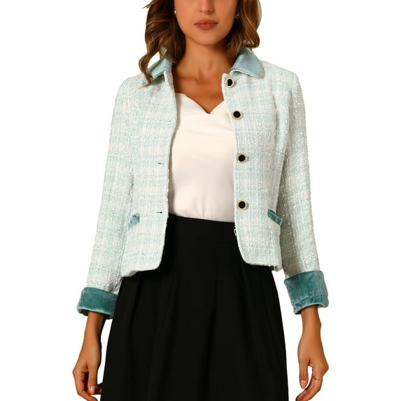 INSPIRE CHIC Women's Elegant Velvet Collared Plaid Tweed Blazer L White