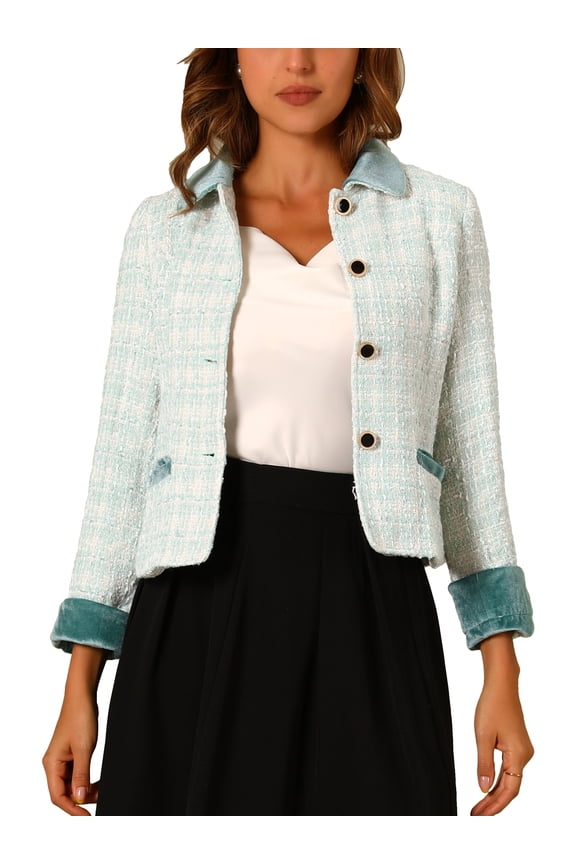 Women's Elegant Velvet Collared Plaid Tweed Blazer M White
