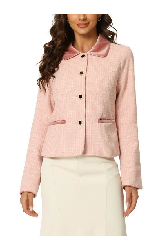 Women's Elegant Velvet Collared Plaid Tweed Blazer XS Pink