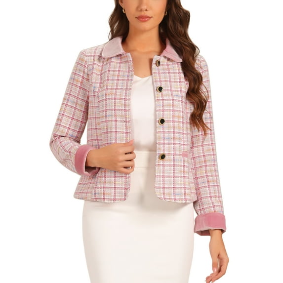 INSPIRE CHIC Women's Elegant Velvet Collared Plaid Tweed Blazer XS Pinks