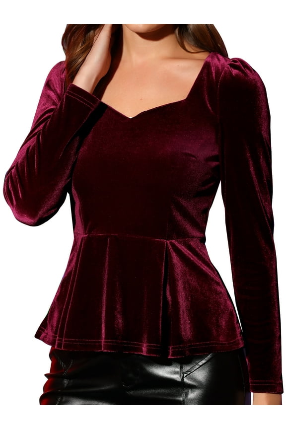 Women's Blouse Elegant Velvet Sweetheart Neck Long Sleeve Peplum Top L Burgundy