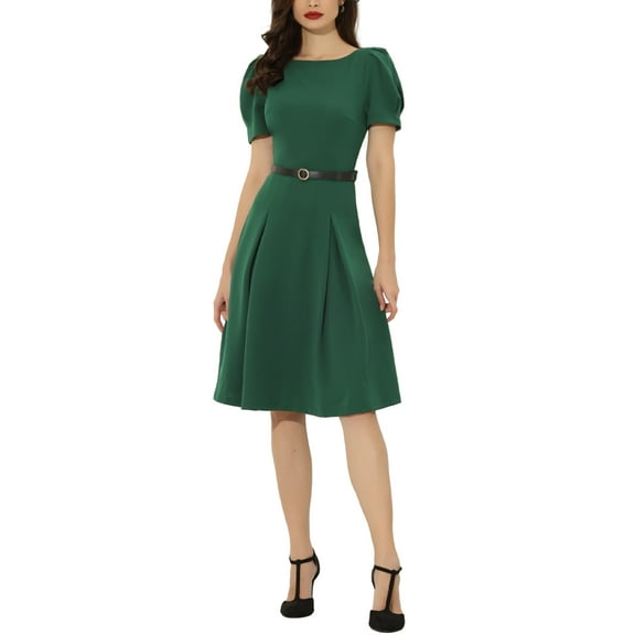 INSPIRE CHIC Women's Elegant Wear-to-Work Dress Belted Boat Neck Short Sleeve Midi Dresses L Dark Green