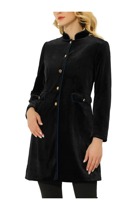 Women's Velvet Jacket Contrast Trim Pockets Stand Collar Single Breasted Long Coat Black M
