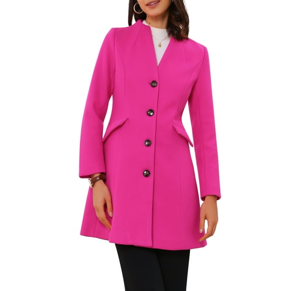 INSPIRE CHIC Women's Elegant Winter V Neck Long Sleeve Single Breasted Long Overcoat M Rose Red
