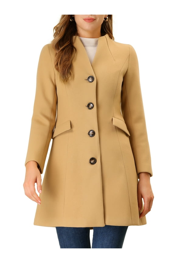 Women's Elegant Winter V Neck Long Sleeve Single Breasted Long Overcoat XS Khaki