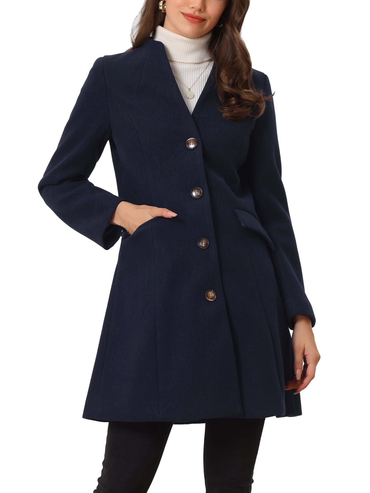Allegra K Women's Peter Pan Collar Single Breasted Outwear Winter Buttoned Long Coat Camel Large