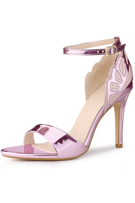 Women's Embroide Leather Ankle Strap Stiletto Heel Sandals Pink 10