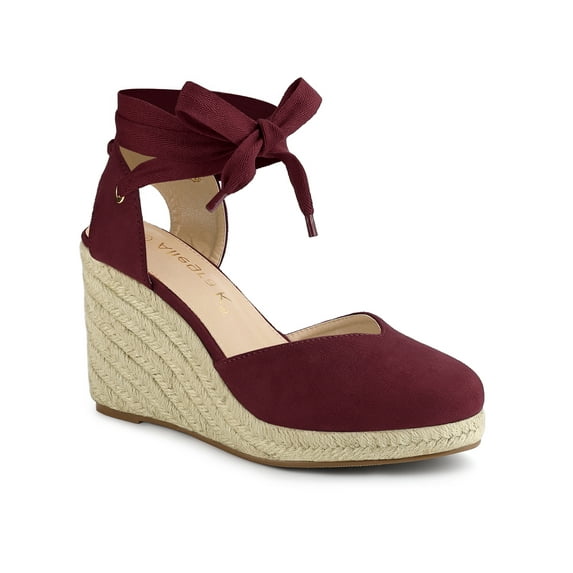 BLISSFUL STEP Women's Shoes Espadrille Wedge High Heel Round Toe Sandals Burgundy 8.5