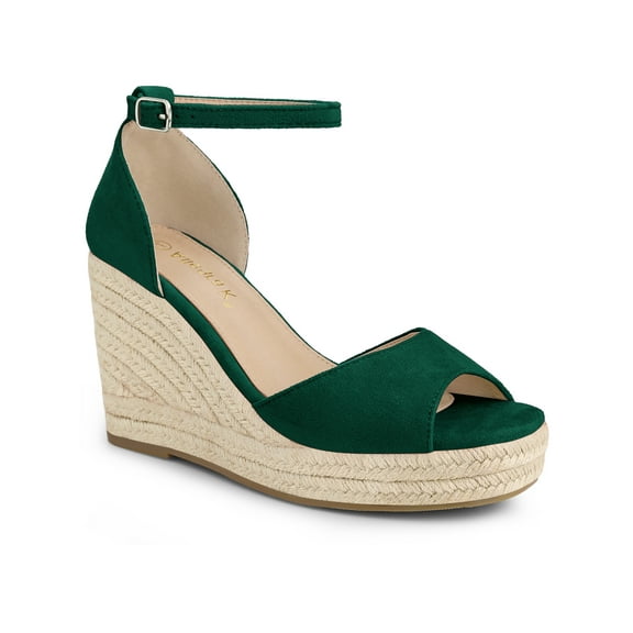 BLISSFUL STEP Women's Espadrille Platform Ankle Strap Wedge Heels Sandals Dark Green (Size 10)