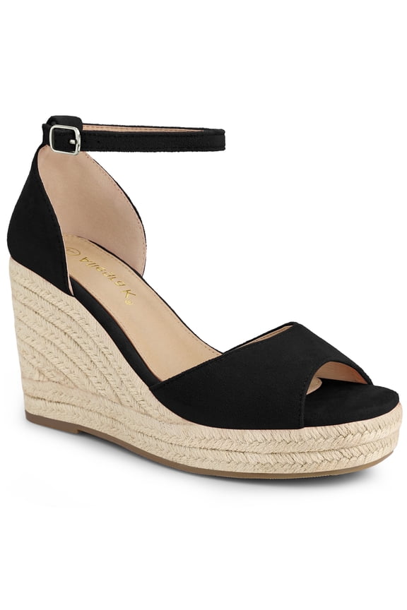 Women's Espadrille Platform Ankle Strap Wedge Heels Sandals Black (Size 9)