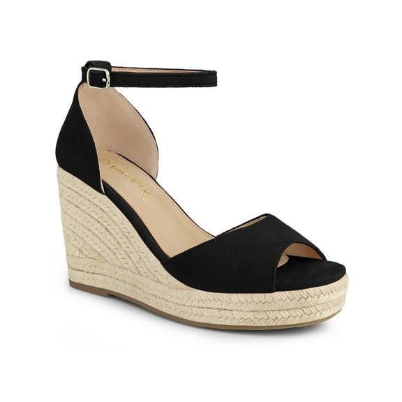 BLISSFUL STEP Women's Espadrille Platform Ankle Strap Wedge Heels Sandals Black (Size 7.5)