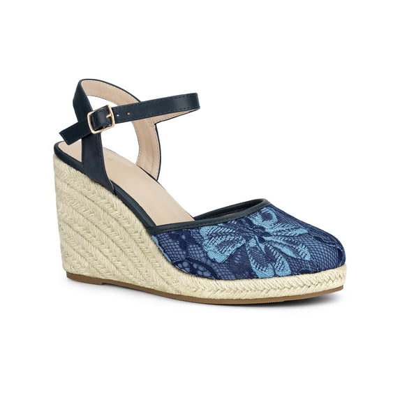 BLISSFUL STEP Women's Espadrille Platform Closed Toe Lace Wedge Heel Sandals Navy Blue 9