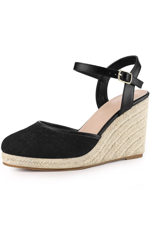 Women's Espadrille Platform Closed Toe Lace Wedge Heel Sandals Black 6