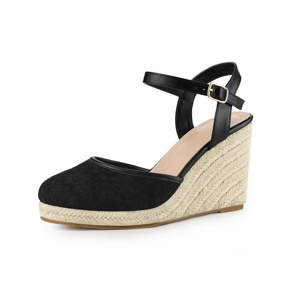 BLISSFUL STEP Women's Espadrille Platform Closed Toe Lace Wedge Heel Sandals Black 7
