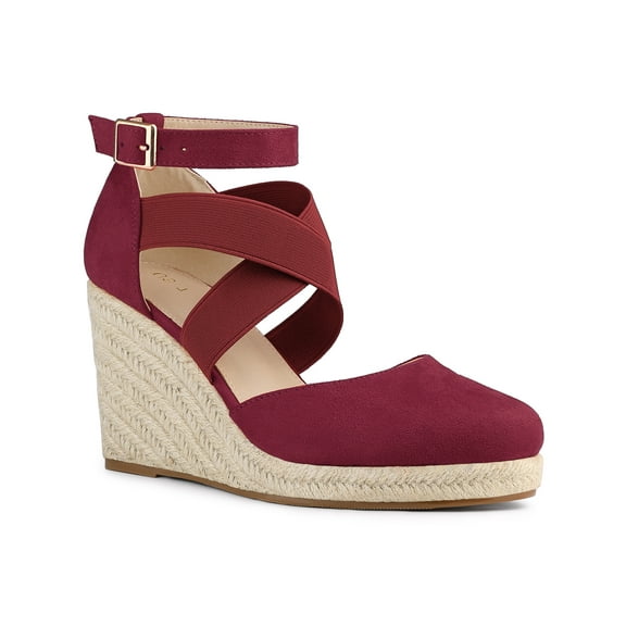 BLISSFUL STEP Women's Espadrilles Wedge Sandals Platform Close Toe Cross Strap Sandal Burgundy 7.5