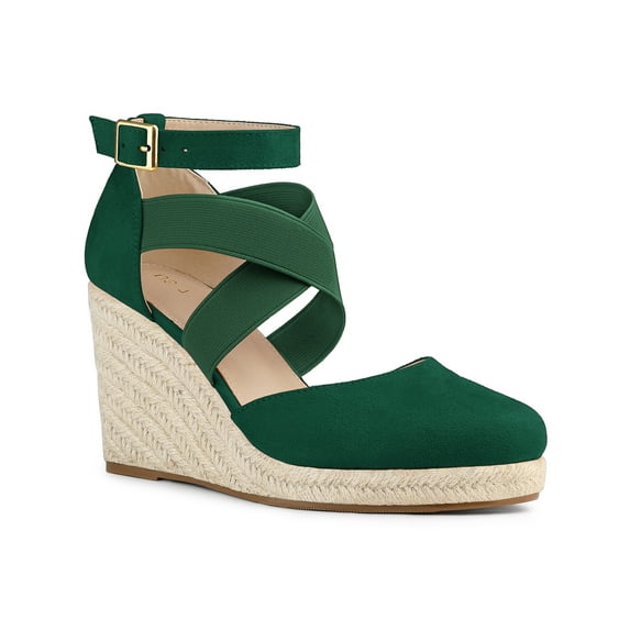 BLISSFUL STEP Women's Espadrilles Wedge Sandals Platform Close Toe Cross Strap Sandal Emerald Green 6
