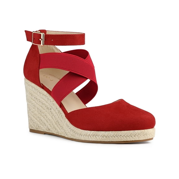 BLISSFUL STEP Women's Espadrilles Wedge Sandals Platform Close Toe Cross Strap Sandal Red 7.5