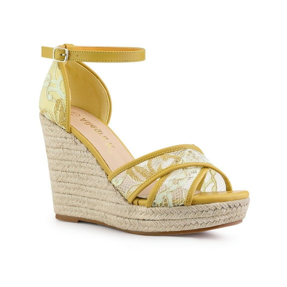 BLISSFUL STEP Women's Espadrille Wedge Heel Wedge Sandals Yellow Green 7