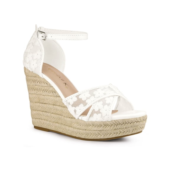 BLISSFUL STEP Women's Espadrille Wedge Heel Wedge Sandals White Flower 9