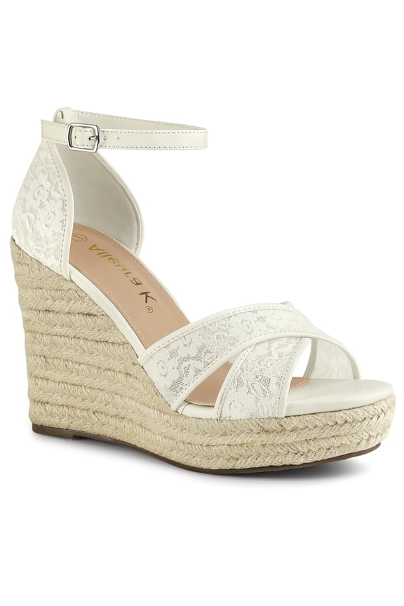 Women's Shoes Floral Lace Espadrille Wedge Heel Open Toe Sandals White 8