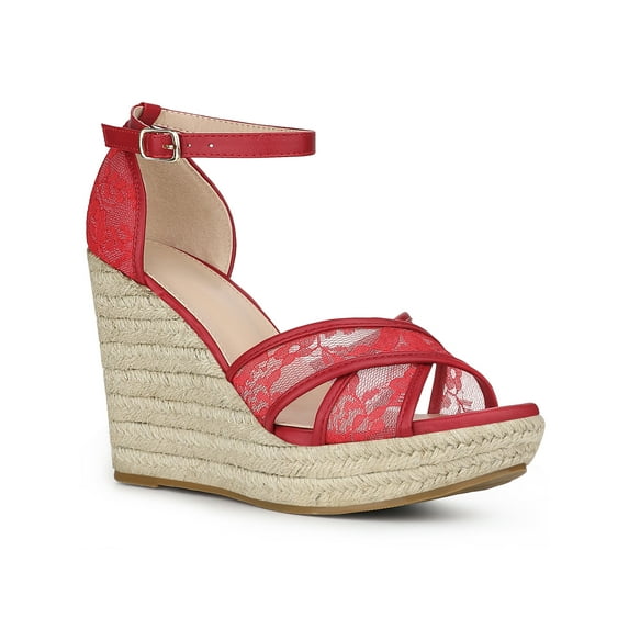 BLISSFUL STEP Women's Shoes Floral Lace Espadrille Wedge Heel Open Toe Sandals Red 8