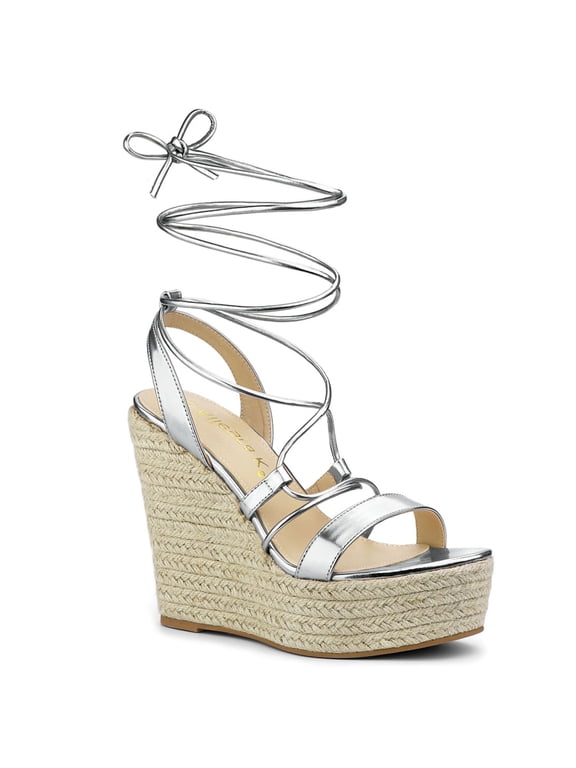 Women's Espadrilles Platform Wedges Heeled Lace Up Sandals Silver 6