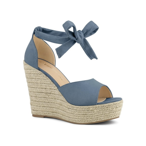 BLISSFUL STEP Women's Espadrilles Tie Up Ankle Strap Sandals Haze Blue (Size 7)