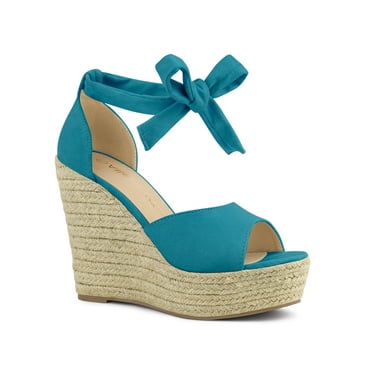 BLISSFUL STEP Women's Espadrilles Tie Up Ankle Strap Sandals Teal (Size 6)